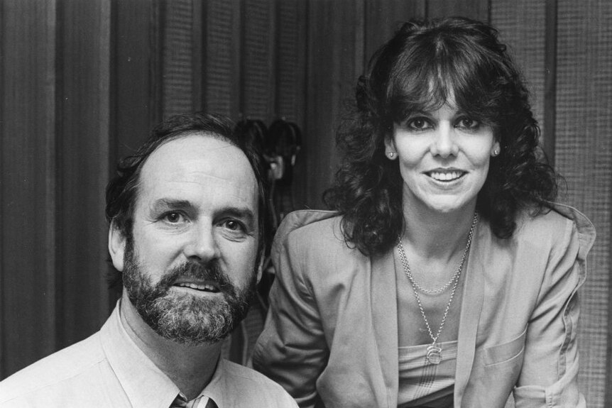 Black and white photo of John Cleese and Margaret Throsby.