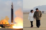 A missile launches next to a photo of Kim Jong Un holding hands with his daughter. 