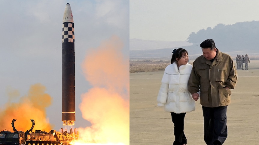 A missile launches next to a photo of Kim Jong Un holding hands with his daughter. 