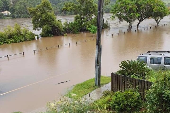 Flooding with trees and a car and a driveway visible