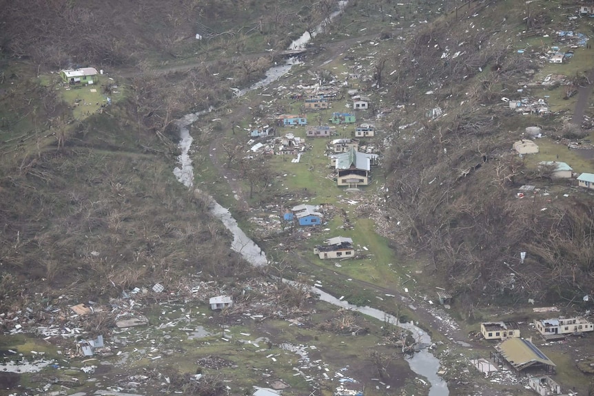 An aerial photo shows damage caused to houses in Tavua, Fiji.