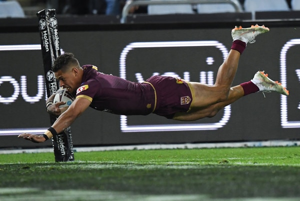 Dane Gagai leaps to score a try for the Maroons in Origin II
