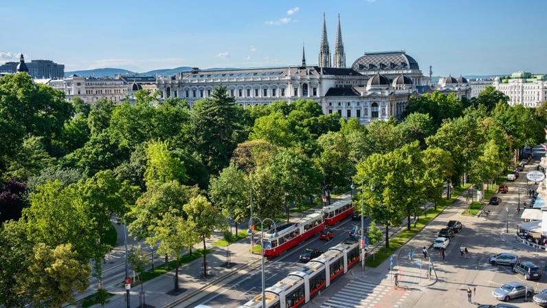 Trams travel up and down a tree-lined street in Vienna, Austria.