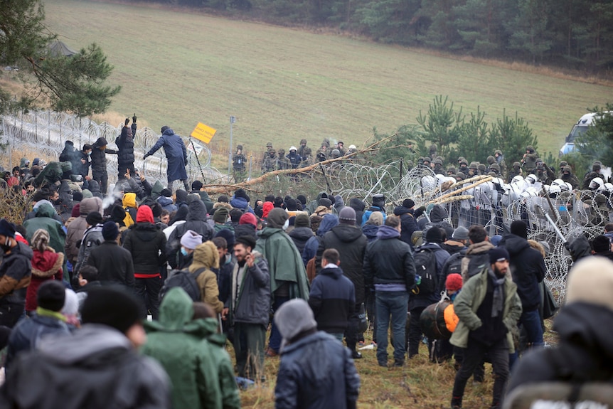 A crowd of migrants stands next to a barbed wire fence 