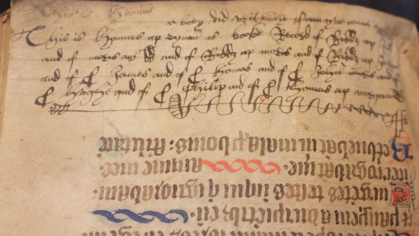 Scribbled notes by a 16th century Welsh schoolboy in a 14th century Psalter.
