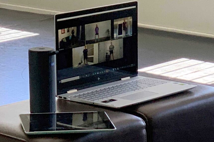 Dancers wait for a class online. All classes at Perth’s The Dance Collective have transitioned to a virtual classroom amid coronavirus distancing