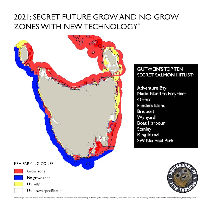 Map showing potential Tasmanian salmon farming areas with technology in 2021