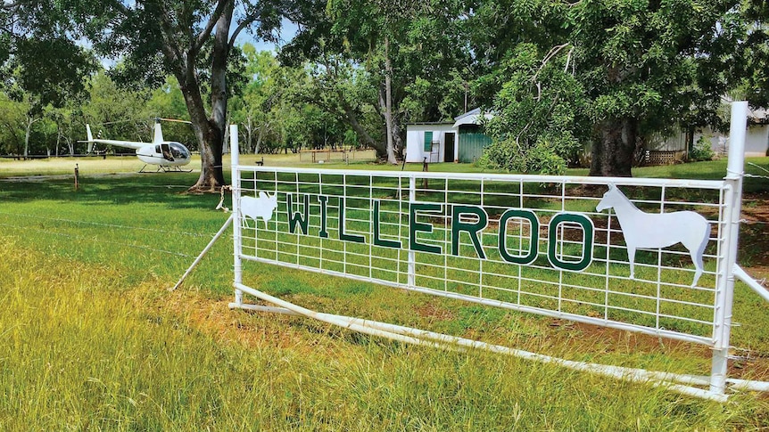 a gate with a helicopter and tree in the background