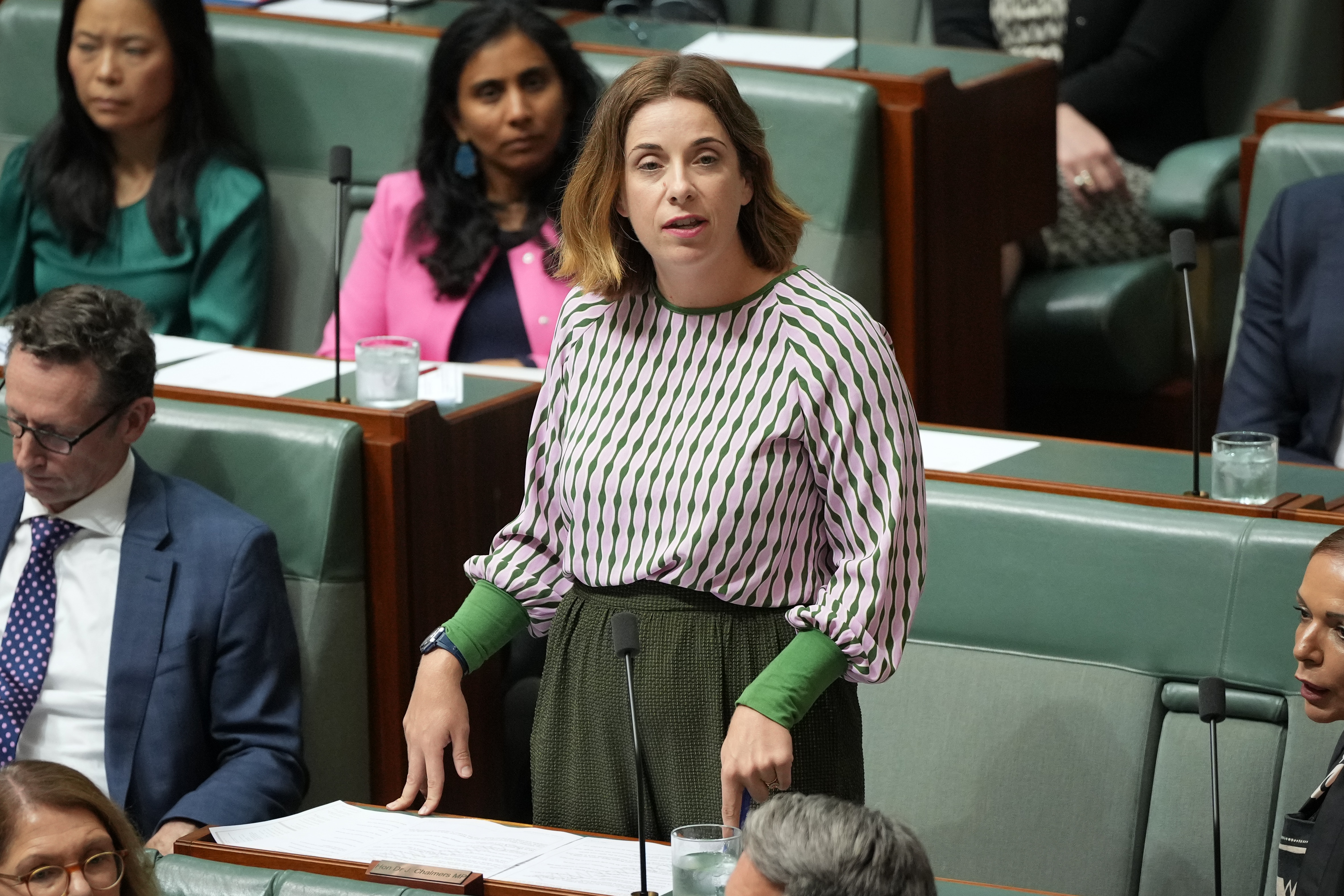 A woman wearing a long sleeved pink and khaki top stands in the House of Representatives. 