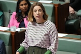 A woman wearing a long sleeved pink and khaki top stands in the House of Representatives. 