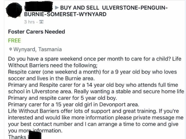 Facebook post calling for foster carers