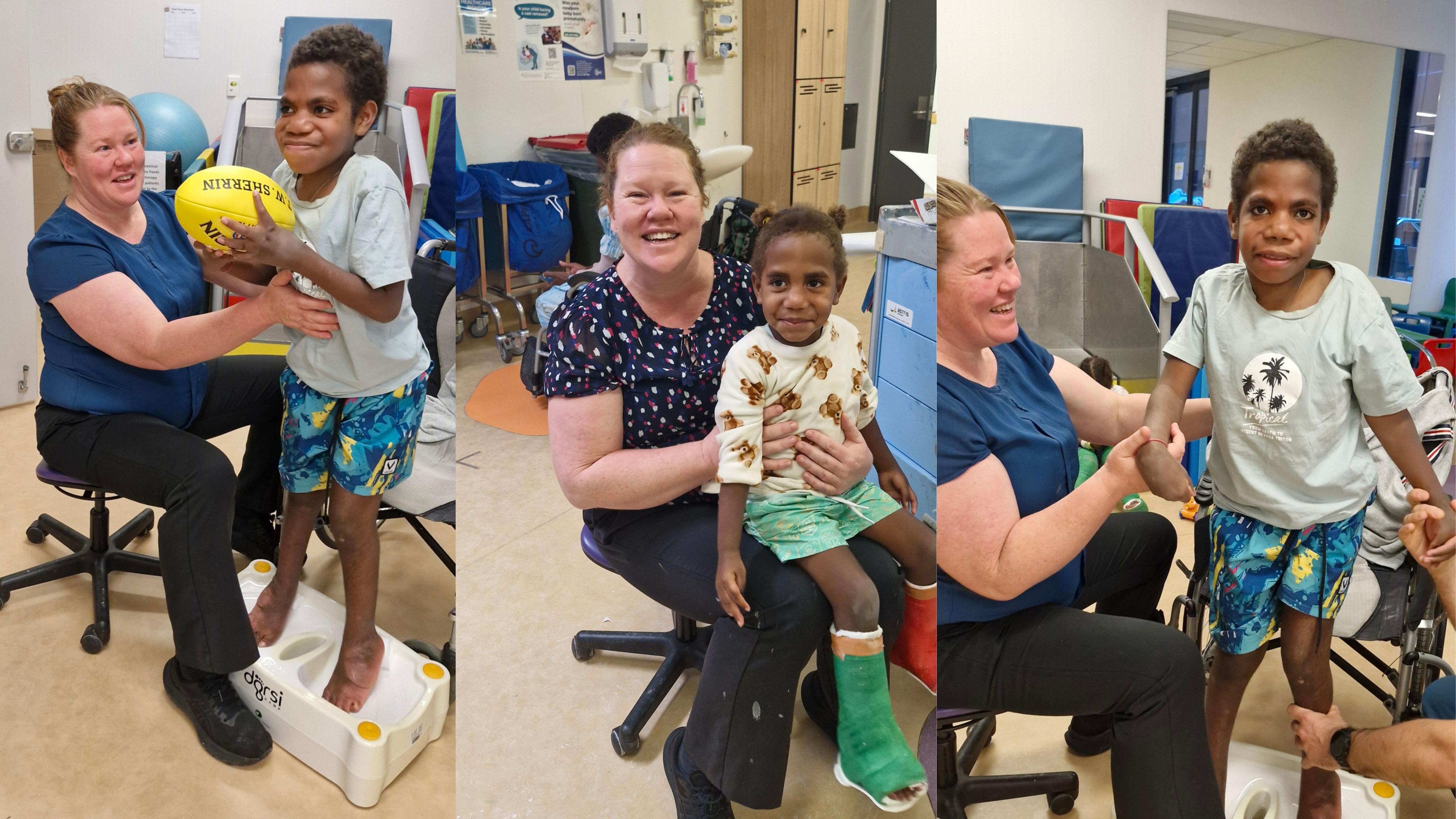 Three images of a physio and her patients