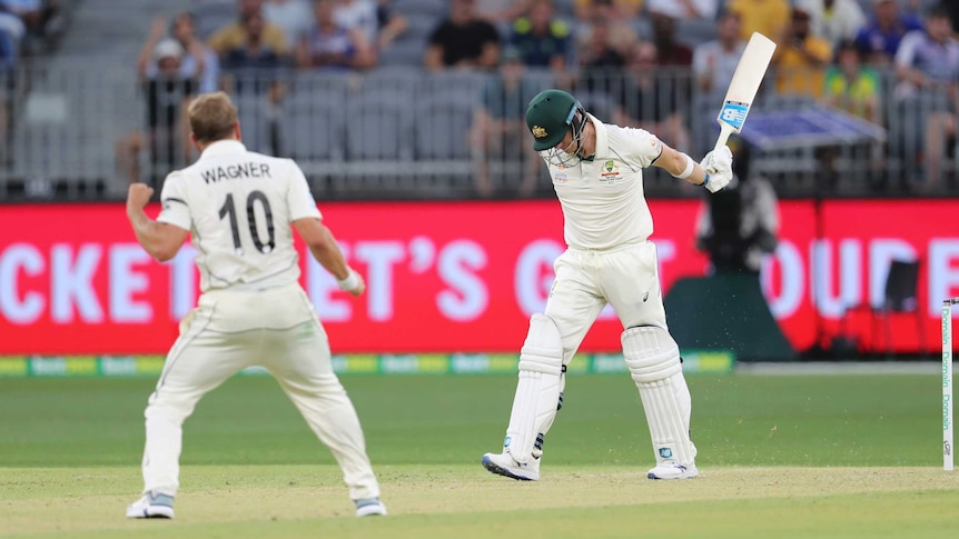 Steve Smith flicks his bat in frustration as Neil Wagner celebrates a wicket
