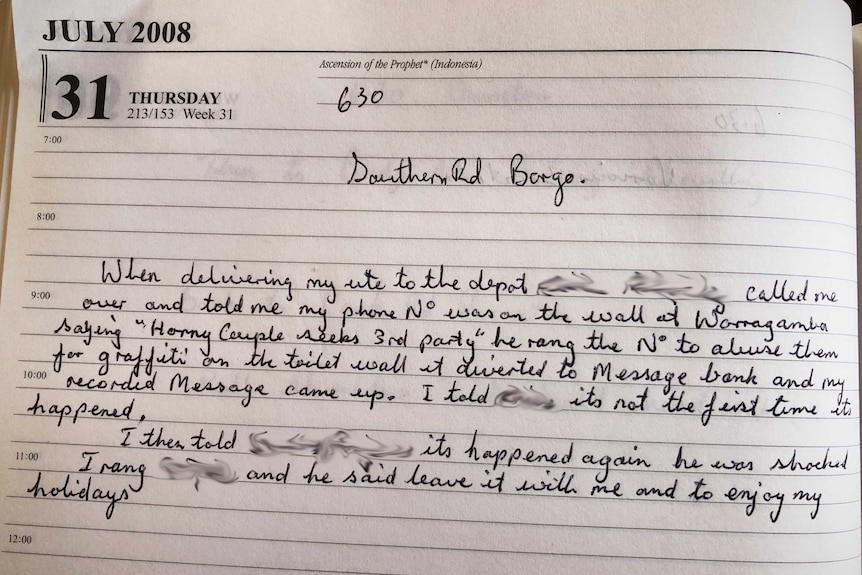 David Wilson's handwritten diary entry detailing how his work phone number was written on the a council toilet wall.