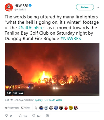 Tweet by NSW Rural Fire Service - 'What the hell is going on, it's winter'