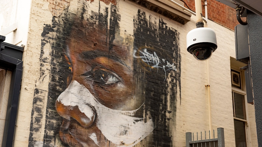 Image of a CCTV camera in front of street art of Aboriginal girl