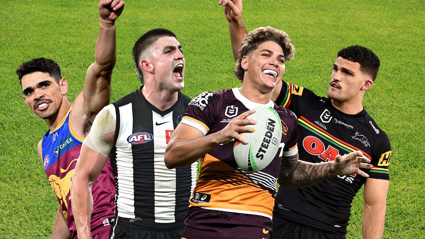photos of charlie cameron, brayden maynard, reece walsh and nathan cleary superimposed over a green grassy background
