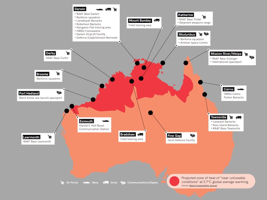 An infographic showing Australia's northern military bases, with many located in a climate risk "red zone".