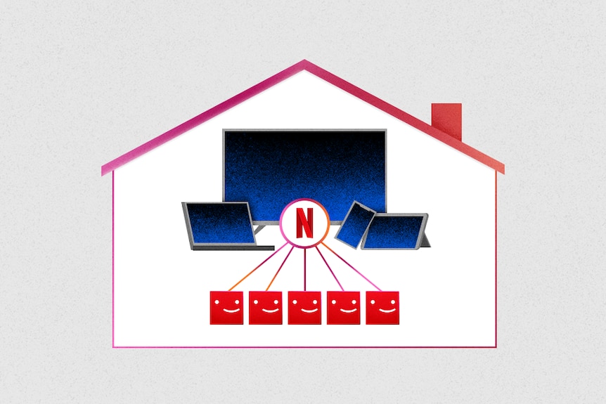 An illustration created by netflix showing connected devices and accounts inside a cartoon home