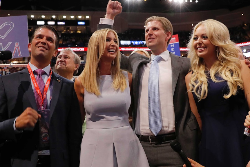 Donald Trump's children (L-R): Donald Trump Jr., Ivanka Trump, Eric Trump and Tiffany Trump, celebrate