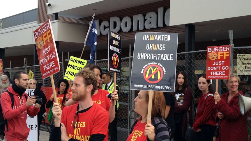 Protesters outside newly-opened McDonald's at Tecoma Vic