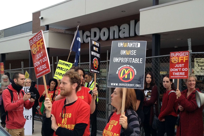 Protesters outside newly-opened McDonald's at Tecoma Vic