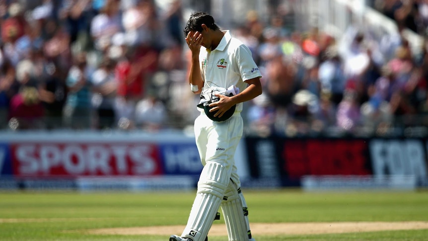 Ashton Agar shows his anguish after being dismissed for 98 in the first Ashes Test