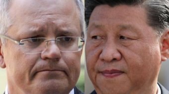 Close up image on faces of Scott Morrison and Xi Jinping.