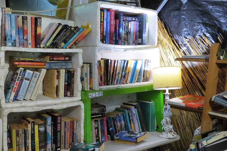 Books stored in foam containers acting as shelving