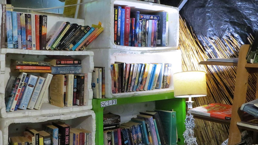 Books stored in foam containers acting as shelving