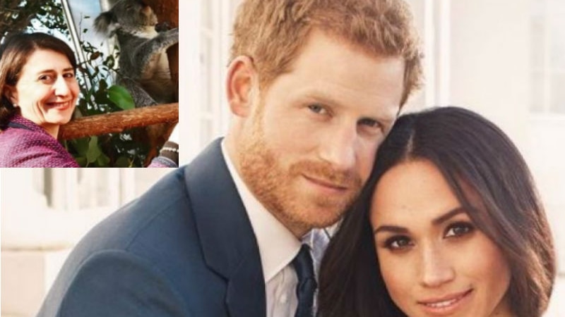 A woman with a koala and the royal couple