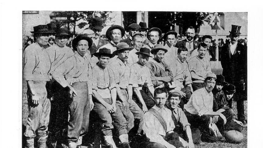 Members of the Chinese community played Australian rules football as part of a St Vincent's Hospital Easter Fair in 1899.