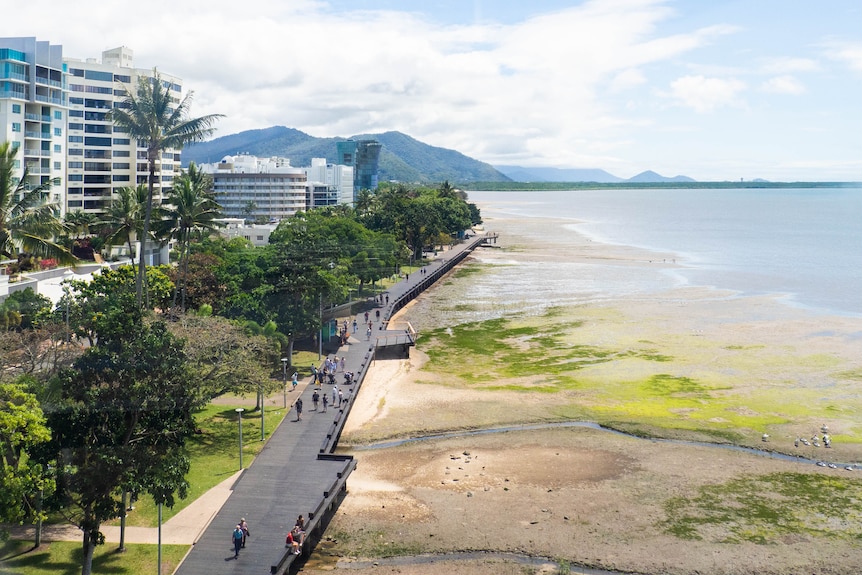 An aerial image of the promenade along the Cairns esplanade with tall buildings, mud flats and the sea on either side.