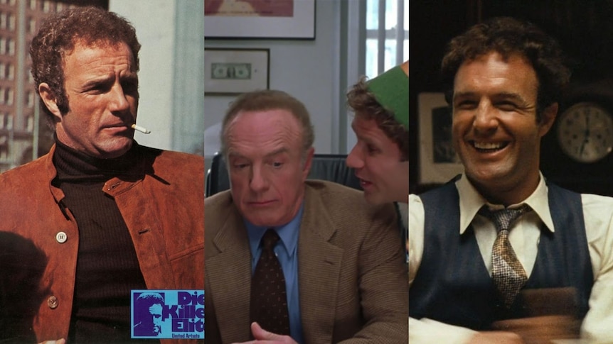 Three images of actor James Caan, one as a young man with a cigarette, with Will Ferrell in Elf and laughing in the Godfather