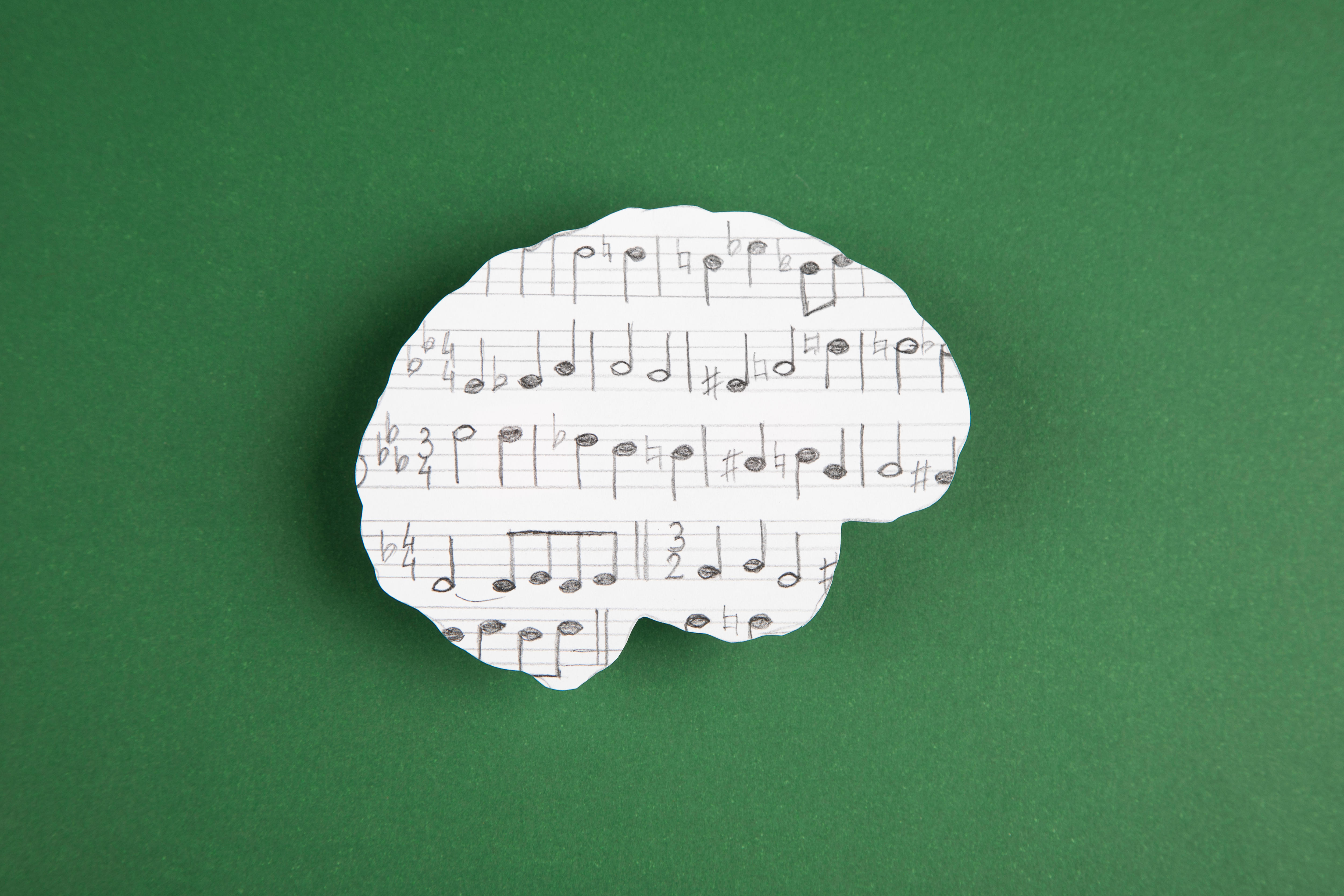 Green background with a white paper cut out of a brain that has pencil drawn music notes on it.