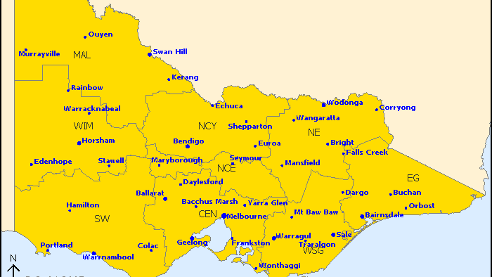 The Bureau of Meteorology's severe weather warning map for thunderstorms in Victoria.