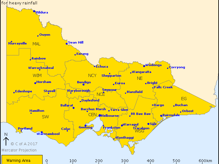 The Bureau of Meteorology's severe weather warning map for thunderstorms in Victoria.