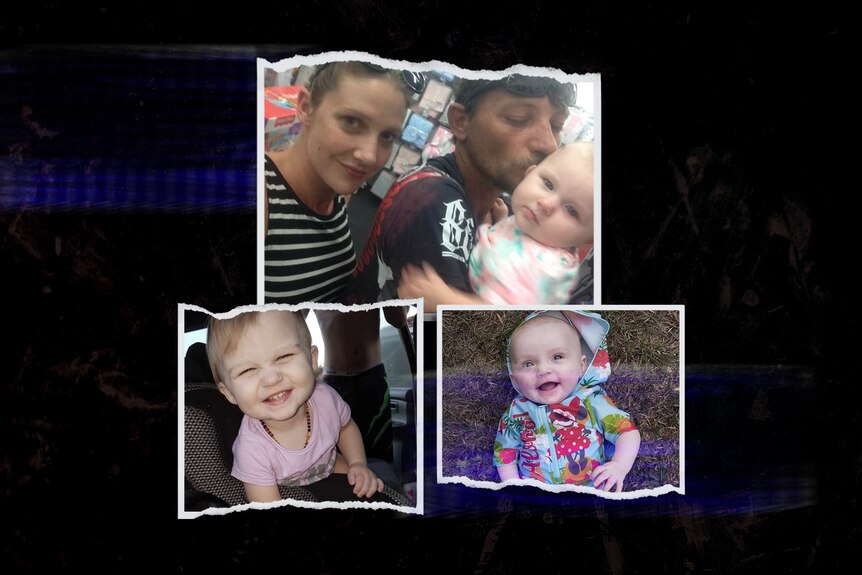  A collage showing photos of Kerri-Ann Conley and Peter Jackson with baby Darcey, and Darcey and Chloe individually.