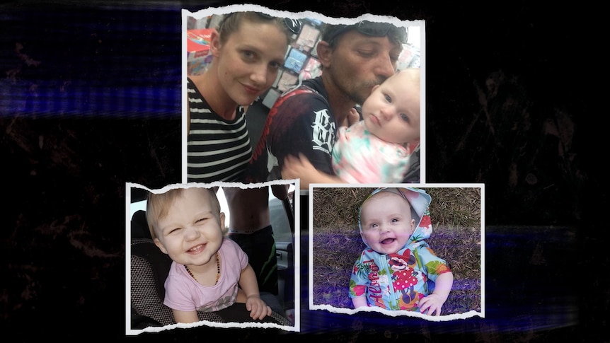  A collage showing photos of Kerri-Ann Conley and Peter Jackson with baby Darcey, and Darcey and Chloe individually.