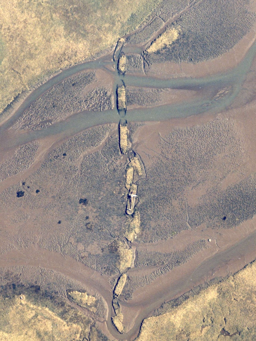 Aerial view of sunken ships in Tamar River.