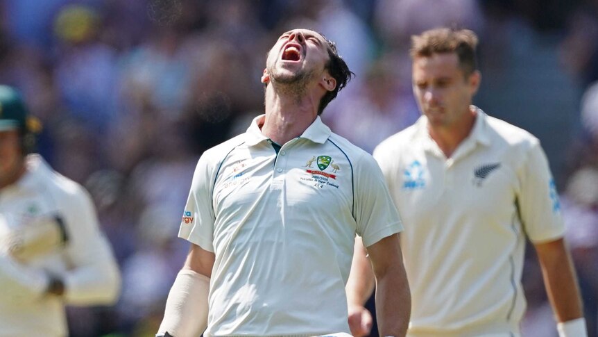 Travis Head roars and looks up at the sky after scoring a Test century at the MCG