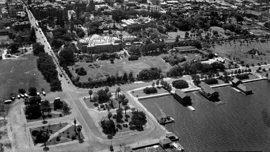 Perth, looking north up Barrack Street, Supreme Court Gardens in foreground 1934