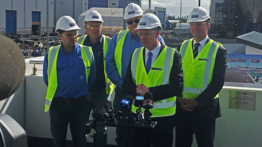 Union officials, Jay Weatherill, Martin Hamilton-Smith at Techport