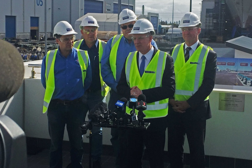 Union officials, Jay Weatherill, Martin Hamilton-Smith at Techport