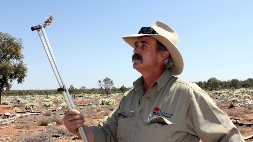 NSW Local Land Services Senior Land Services Officer Peter Dawson inspects a small piece of Hudson Pear.