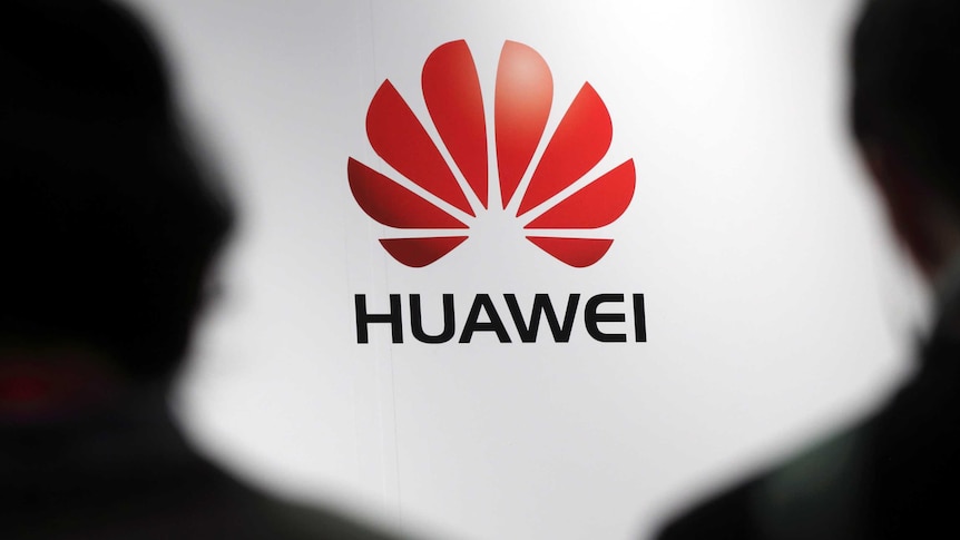 A generic of a Huawei's logo with the silhouettes of two people in the foreground.
