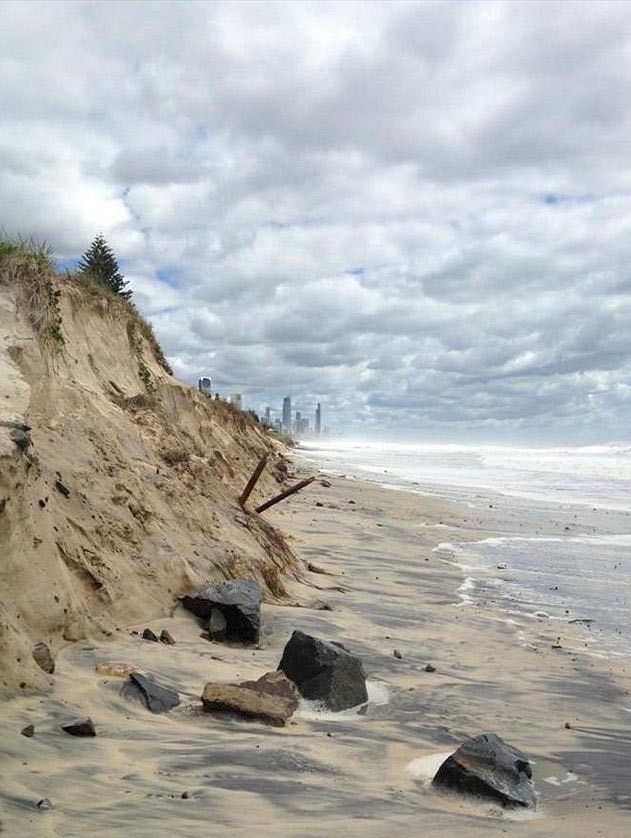 Sand cliffs left as a result of beach erosion at the Gold Coast.