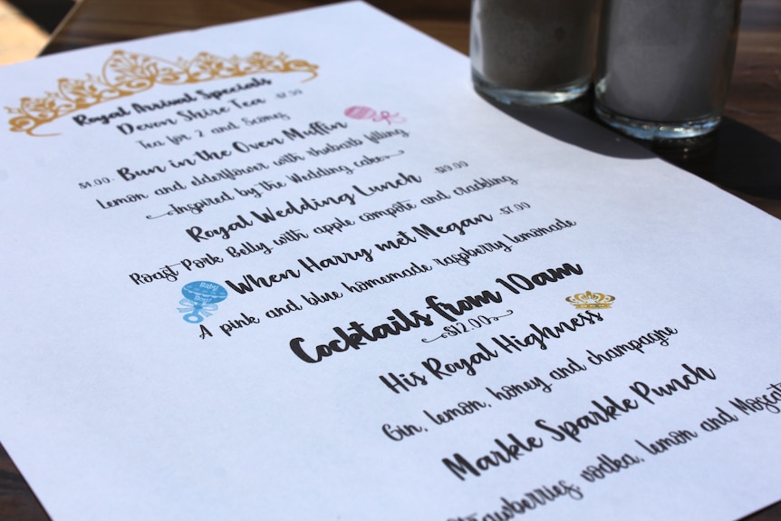 A restaurant menu featuring royal influenced dishes and drinks.