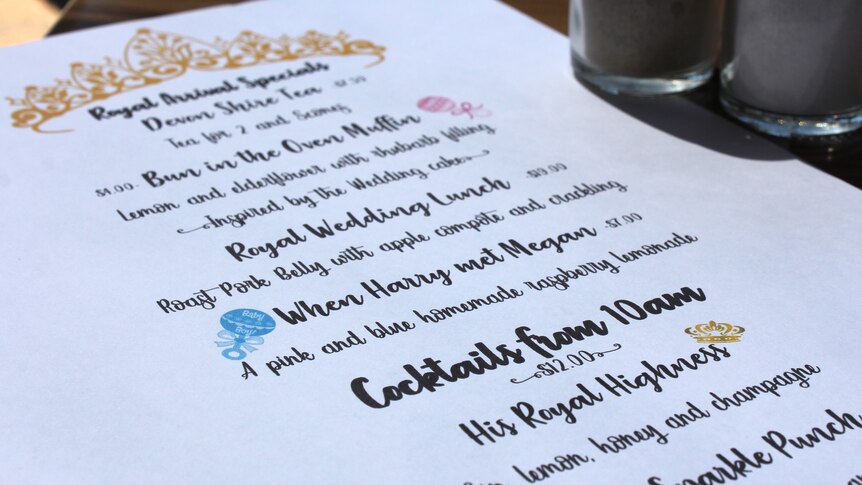 A restaurant menu featuring royal influenced dishes and drinks.