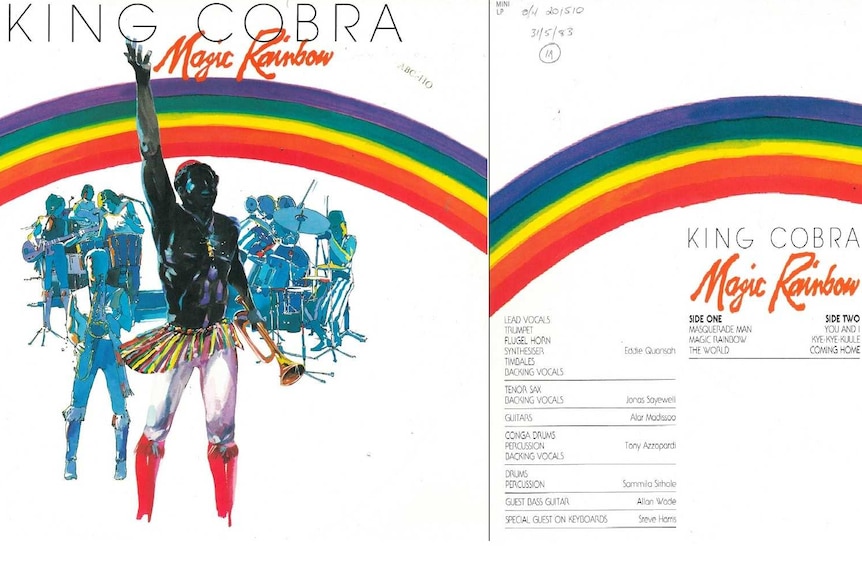 Watercolour cover of King Cobra's 1983 LP Magic Rainbow, featuring an illustration of band members standing beneath a rainbow.